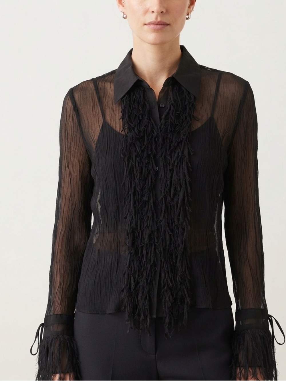 Vintage Cartise Black Sheer Ruffled Fringe Front Women's Blouse Size Medium